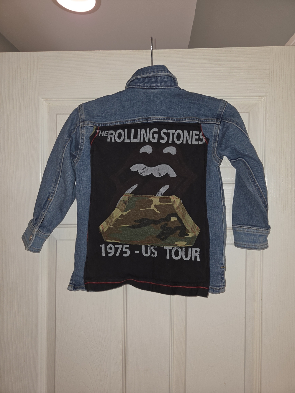 Upcycled Rolling Stones Kids Denim Jacket with Black Back Patch and Camo Accent